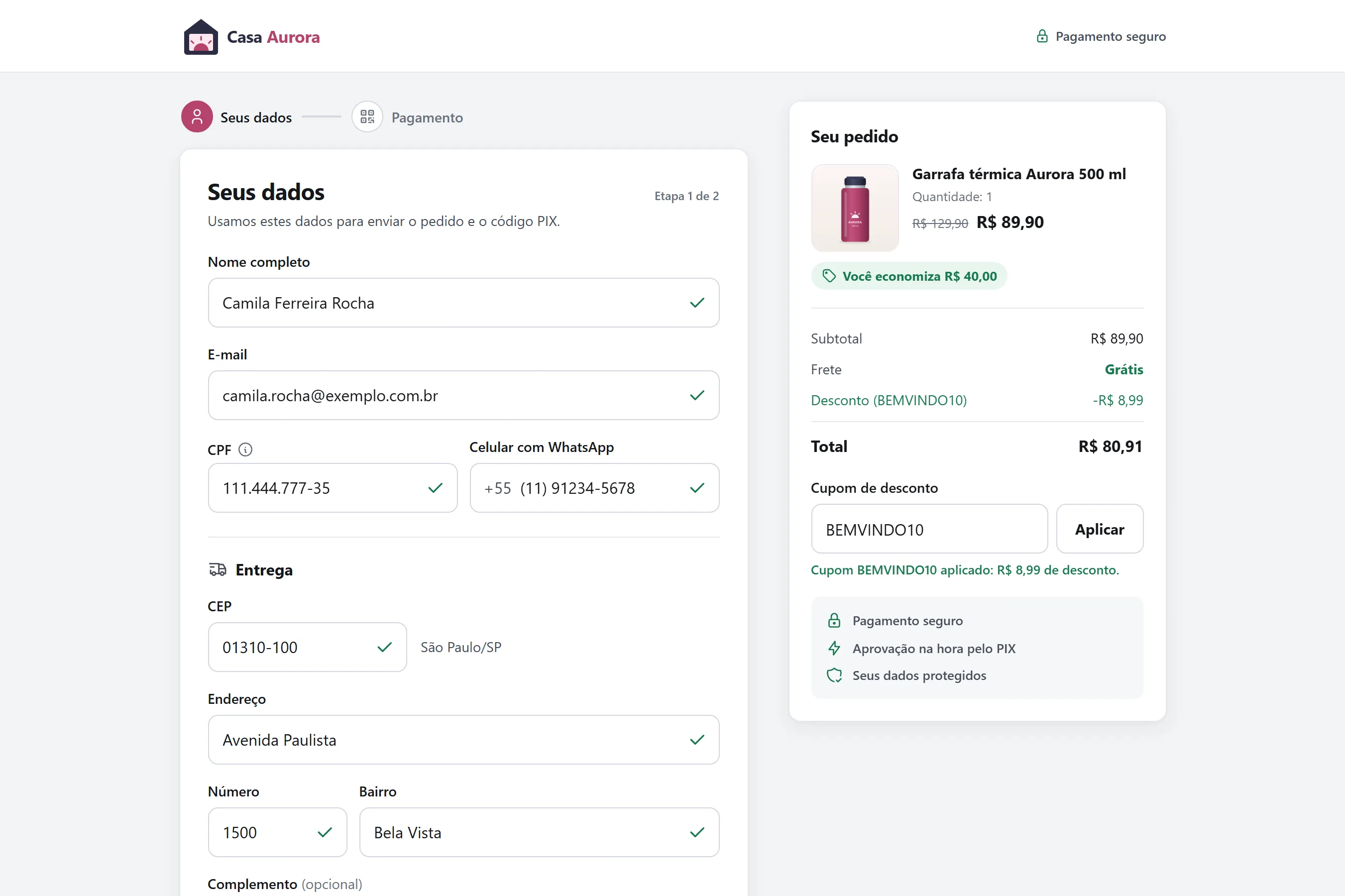 Primeiro passo do checkout Espectro Pay no computador: dados da pessoa, entrega e resumo do pedido com cupom aplicado.