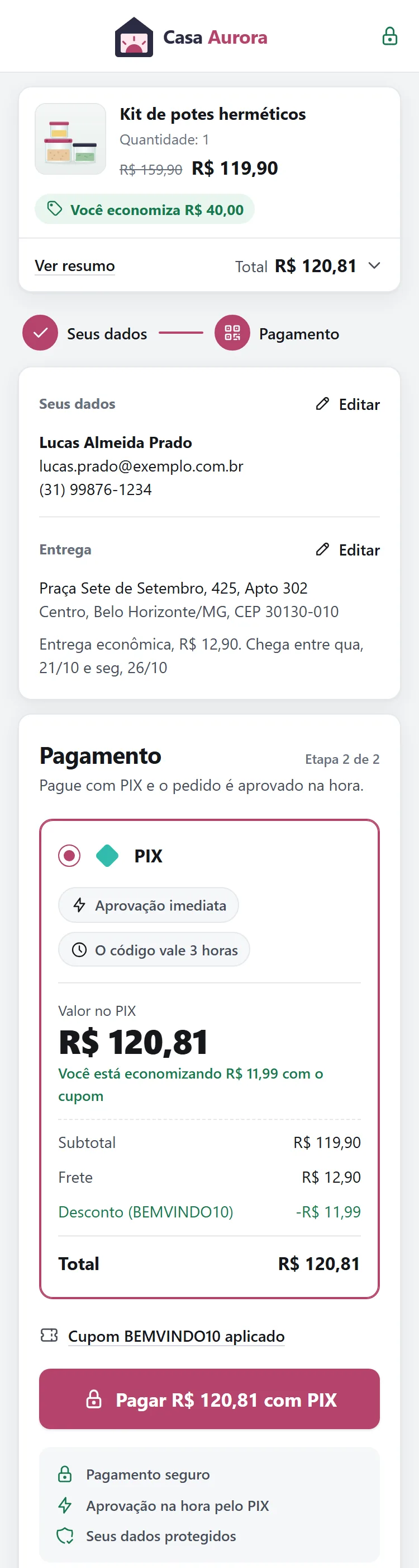 Checkout Espectro Pay no celular, com o resumo do pedido.