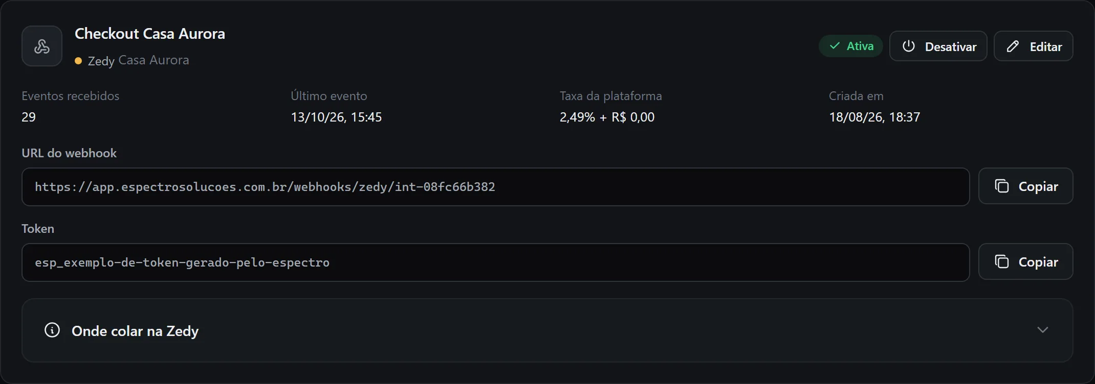 Integração de um checkout no Espectro, com o endereço do webhook, o token e a quantidade de eventos recebidos.